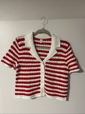 Old Navy Red & White Striped Knit Short Sleeve Cardigan